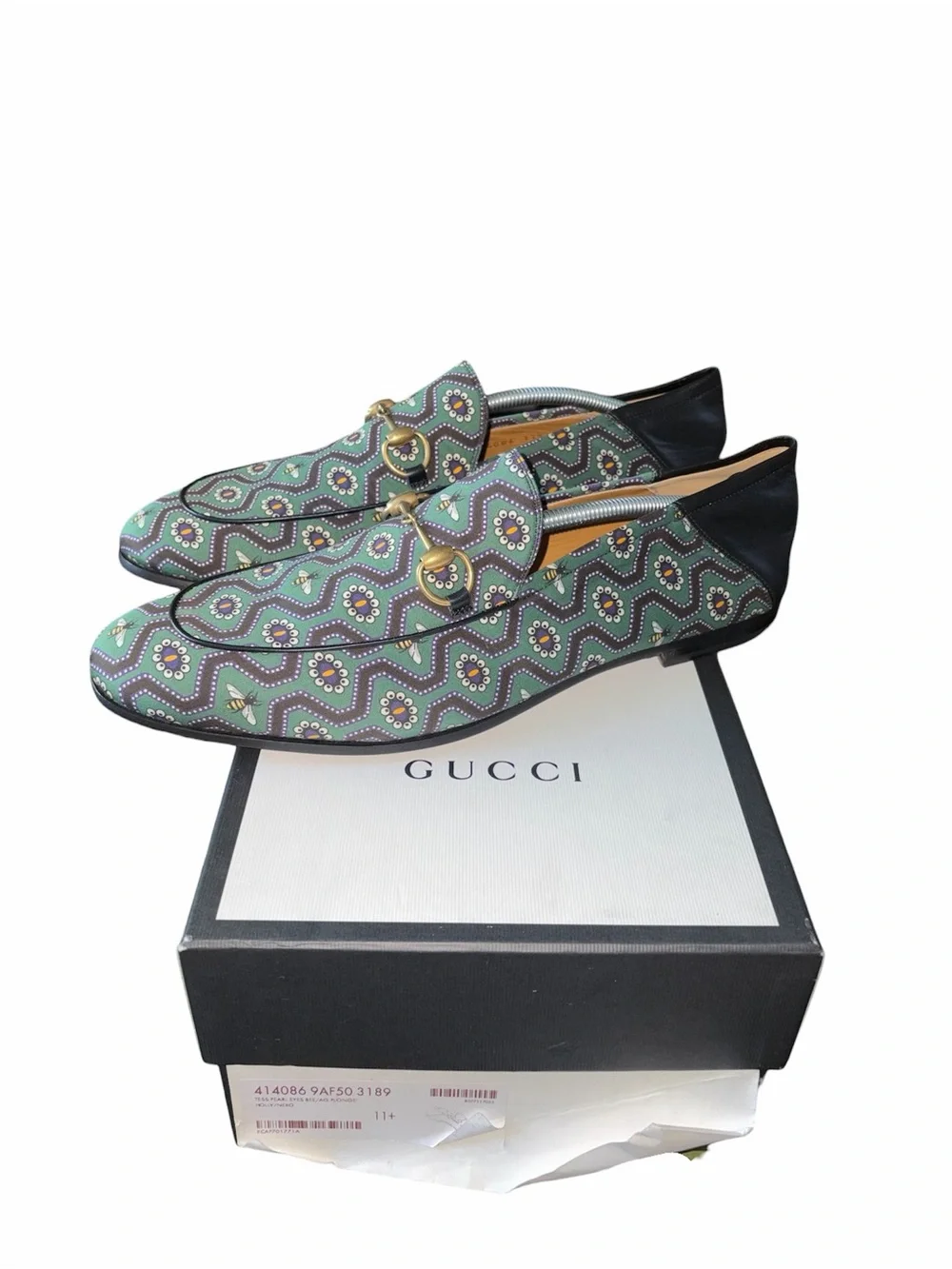 Gucci Canvas Bees Print Horsebit Brixton Loafers Green size 11.5
